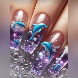 Dolphin Press-on Nails with Purple and Blue Accents